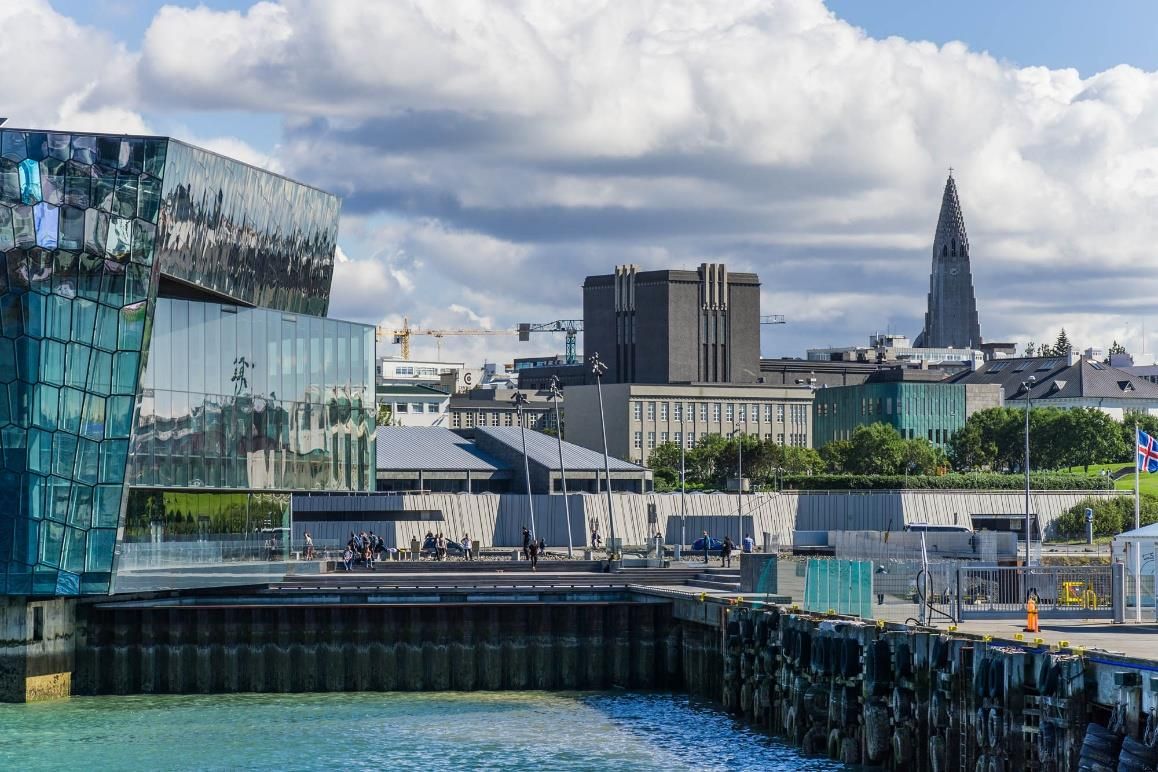 Reykjavík waterfront with Harpa concert hall and Hallgrímskirkja church